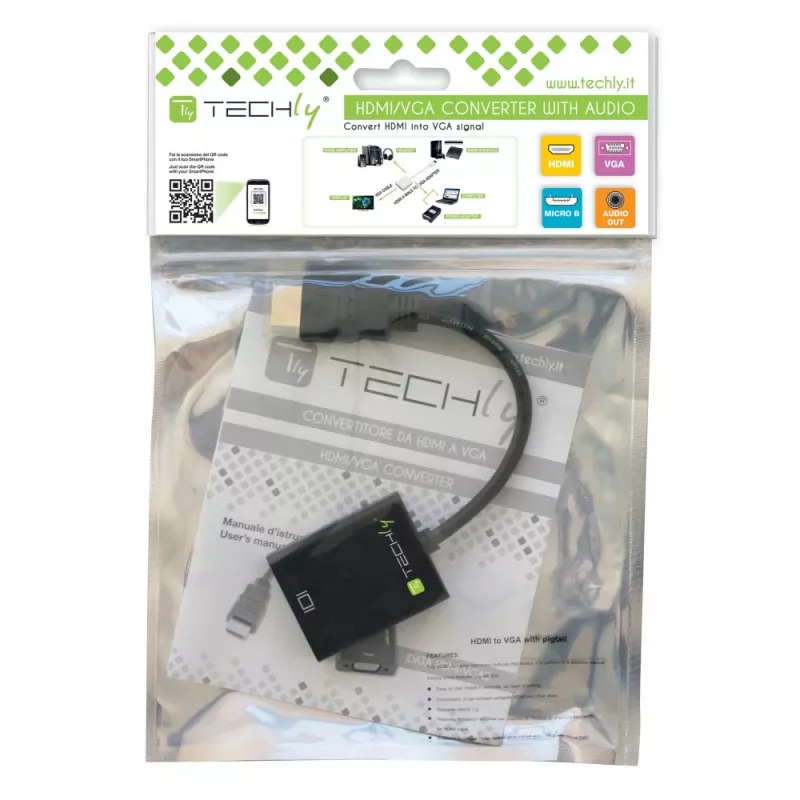Adaptador convertidor de cable Techly HDMI a VGA con micro USB y audio IDATA HDMI-VGA2AU