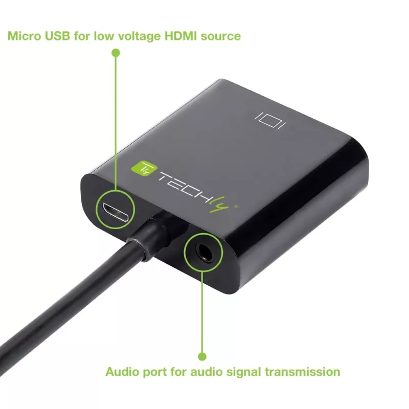 Adaptador convertidor de cable Techly HDMI a VGA con micro USB y audio IDATA HDMI-VGA2AU