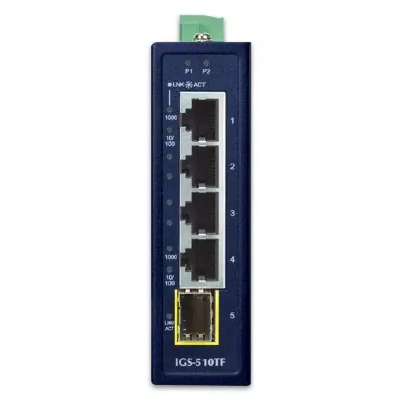 Switch Gigabit Ethernet no gestionado PLANET IGS-510TF — 4 x 10/100/1000 Mbps, conmutación 10 Gbit/s, 9–48V DC, montaje en pared