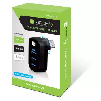 Techly IUSB3-HUB3-ROTB concentrador de interfaz USB 3.2 Gen 1 (3.1 Gen 1) Type-A 5000 Mbit/s negro