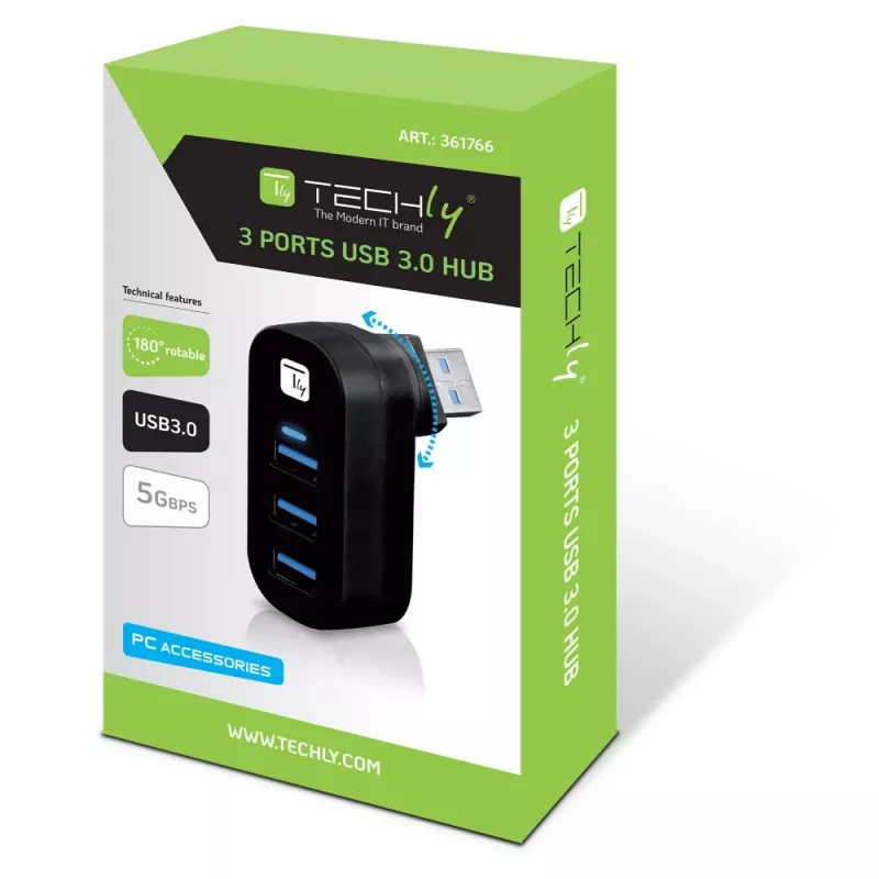 Techly IUSB3-HUB3-ROTB concentrador de interfaz USB 3.2 Gen 1 (3.1 Gen 1) Type-A 5000 Mbit/s negro