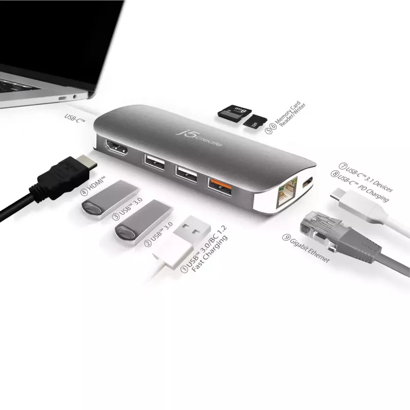 j5create JCD383 Adaptador múltiple USB-C™ 9 en 1, Plata y Blanco