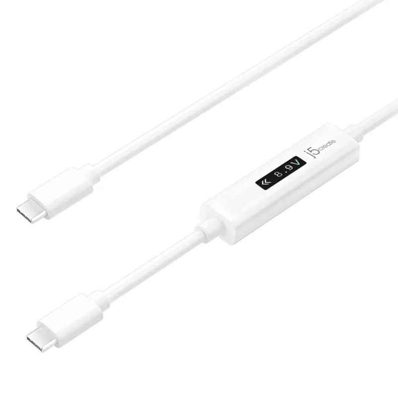 j5create JUCP14 Cable USB-C™ 2.0 a USB-C™ con medidor de potencia OLED dinámico, Blanco, 1,2 m
