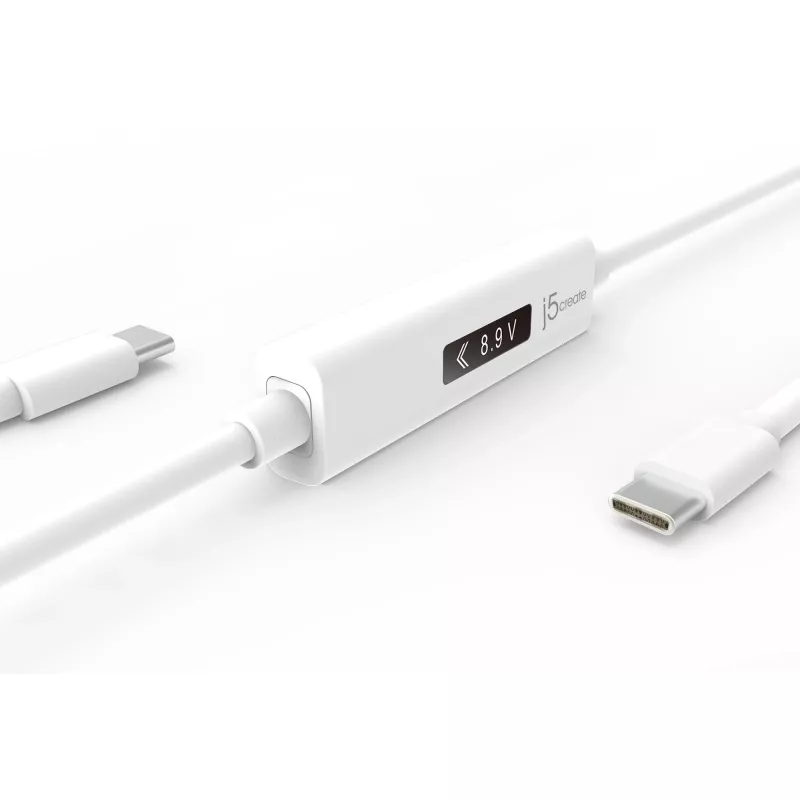 j5create JUCP14 Cable USB-C™ 2.0 a USB-C™ con medidor de potencia OLED dinámico, Blanco, 1,2 m