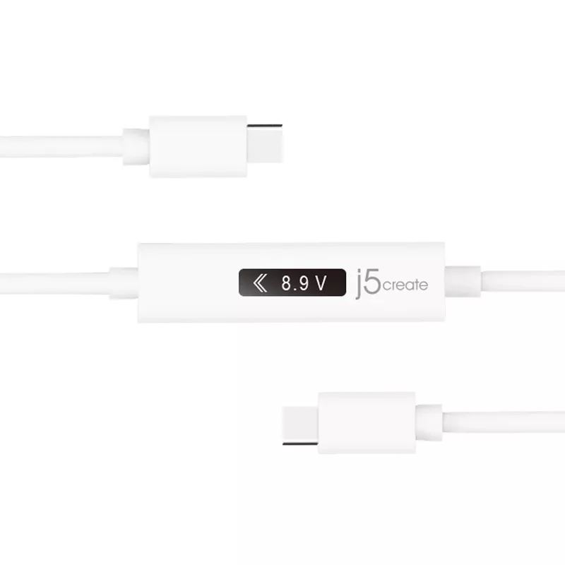 j5create JUCP14 Cable USB-C™ 2.0 a USB-C™ con medidor de potencia OLED dinámico, Blanco, 1,2 m