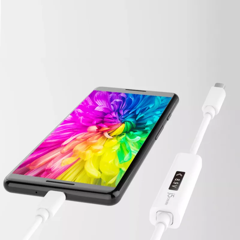 j5create JUCP14 Cable USB-C™ 2.0 a USB-C™ con medidor de potencia OLED dinámico, Blanco, 1,2 m