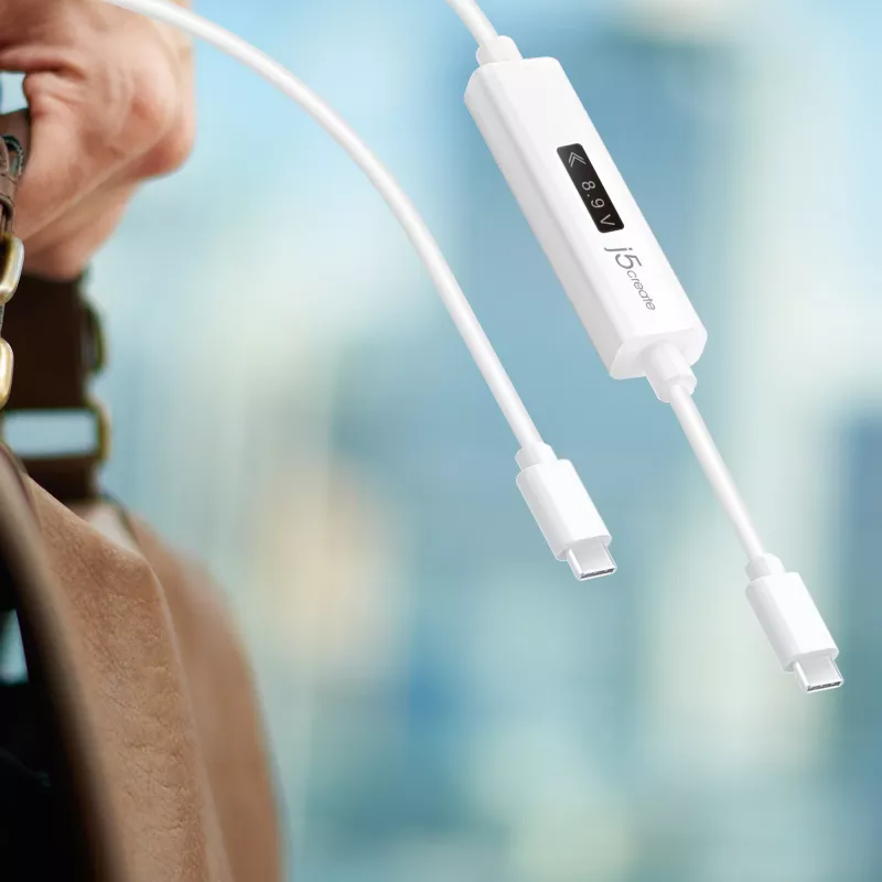 j5create JUCP14 Cable USB-C™ 2.0 a USB-C™ con medidor de potencia OLED dinámico, Blanco, 1,2 m