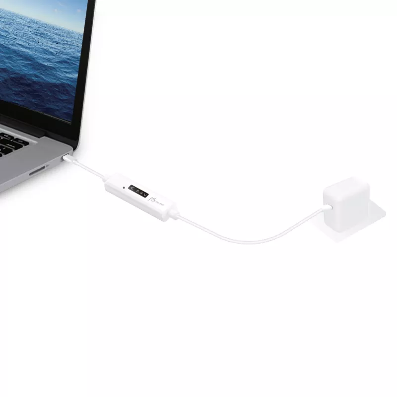 j5create JUCP14 Cable USB-C™ 2.0 a USB-C™ con medidor de potencia OLED dinámico, Blanco, 1,2 m