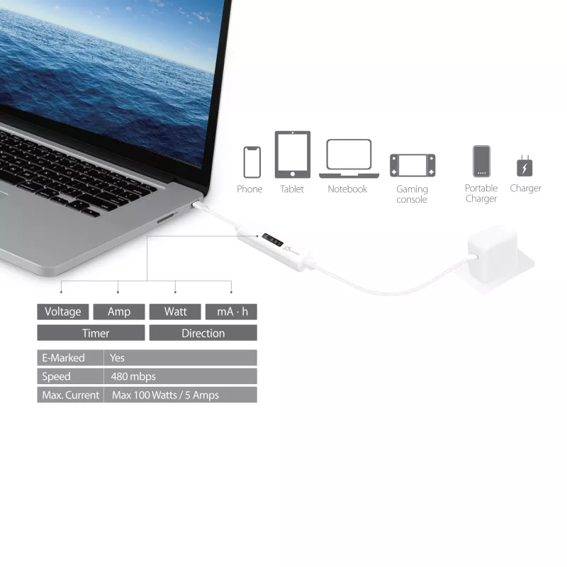 j5create JUCP14 Cable USB-C™ 2.0 a USB-C™ con medidor de potencia OLED dinámico, Blanco, 1,2 m