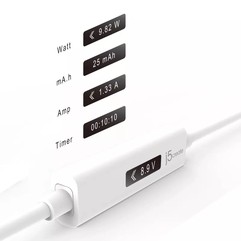 j5create JUCP14 Cable USB-C™ 2.0 a USB-C™ con medidor de potencia OLED dinámico, Blanco, 1,2 m
