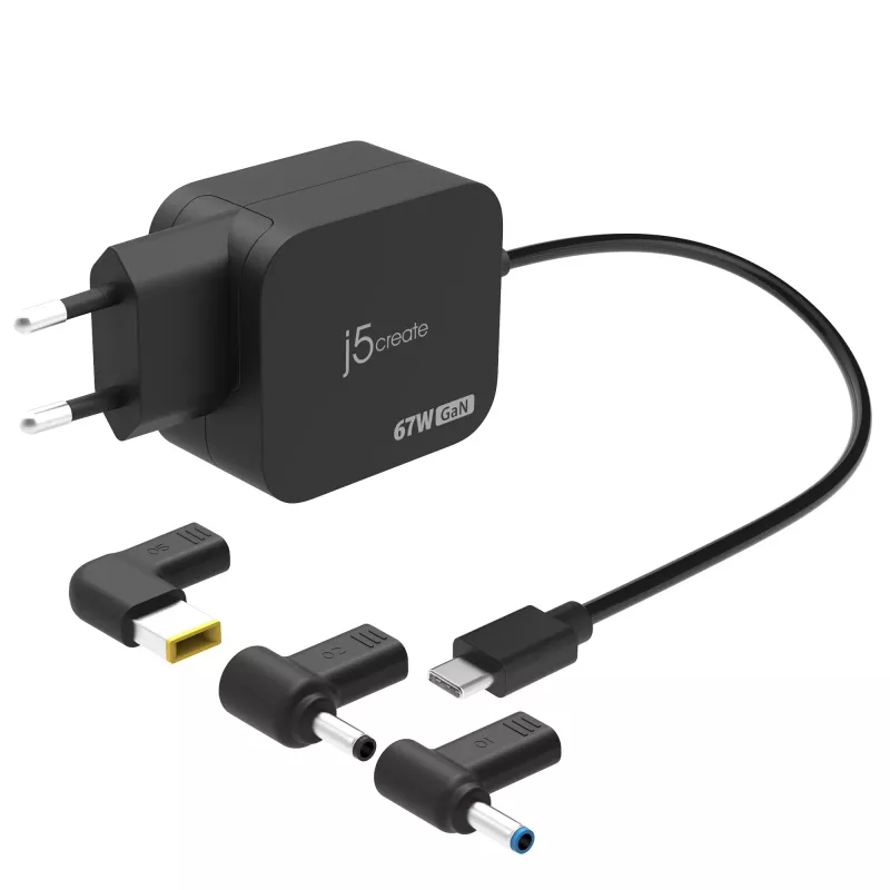 j5create JUP1565DCE3A-EN Cargador mini USB-C® GaN PD 67W con 3 tipos de conectores DC - EU