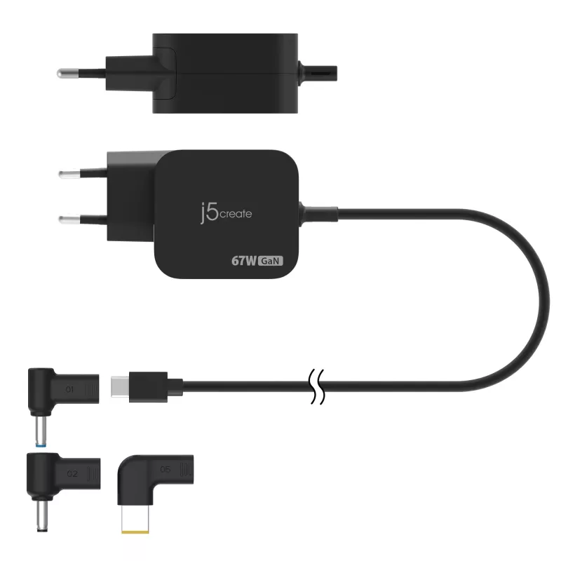 j5create JUP1565DCE3A-EN Cargador mini USB-C® GaN PD 67W con 3 tipos de conectores DC - EU