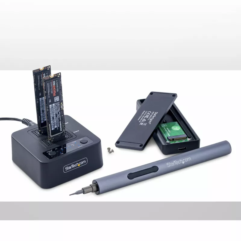 StarTech.com M2-HDD-DUPLICATOR-N1 duplicador y base independiente 1:1 para unidades M.2 NVMe (PCIe), hasta 90 GB/min, USB-C 20 Gbps, de dos bahías, compatible con TAA