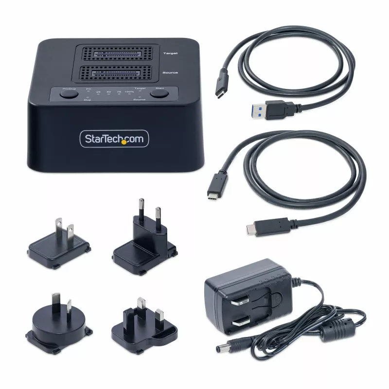 StarTech.com M2-HDD-DUPLICATOR-N1 duplicador y base independiente 1:1 para unidades M.2 NVMe (PCIe), hasta 90 GB/min, USB-C 20 Gbps, de dos bahías, compatible con TAA
