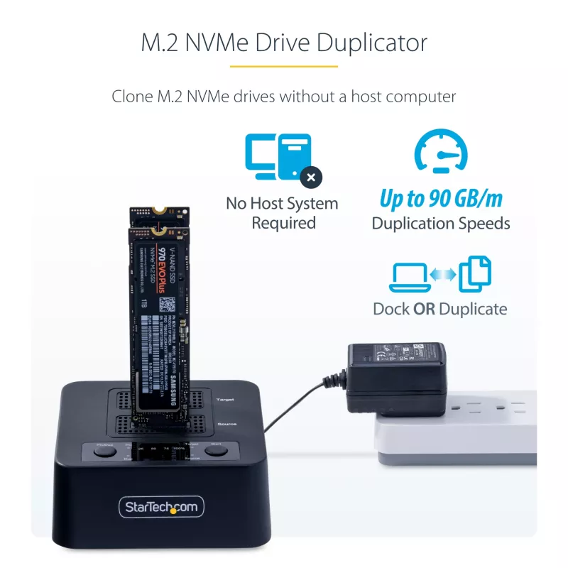 StarTech.com M2-HDD-DUPLICATOR-N1 duplicador y base independiente 1:1 para unidades M.2 NVMe (PCIe), hasta 90 GB/min, USB-C 20 Gbps, de dos bahías, compatible con TAA