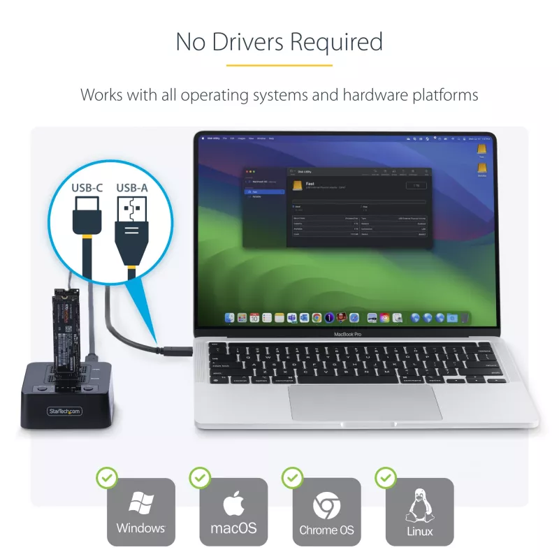 StarTech.com M2-HDD-DUPLICATOR-N1 duplicador y base independiente 1:1 para unidades M.2 NVMe (PCIe), hasta 90 GB/min, USB-C 20 Gbps, de dos bahías, compatible con TAA