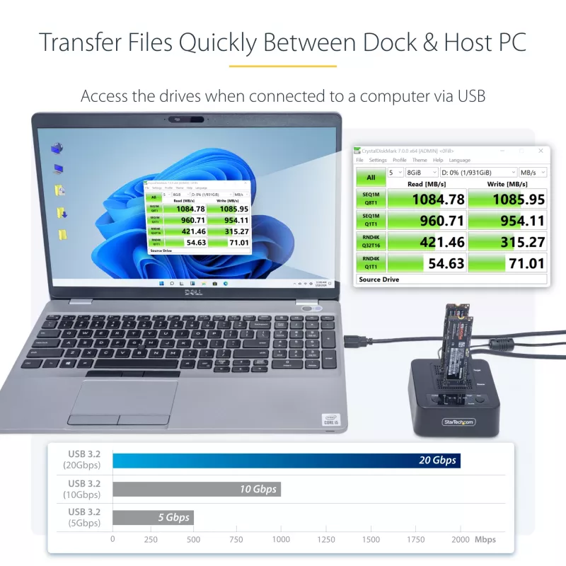 StarTech.com M2-HDD-DUPLICATOR-N1 duplicador y base independiente 1:1 para unidades M.2 NVMe (PCIe), hasta 90 GB/min, USB-C 20 Gbps, de dos bahías, compatible con TAA