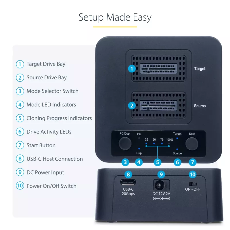 StarTech.com M2-HDD-DUPLICATOR-N1 duplicador y base independiente 1:1 para unidades M.2 NVMe (PCIe), hasta 90 GB/min, USB-C 20 Gbps, de dos bahías, compatible con TAA