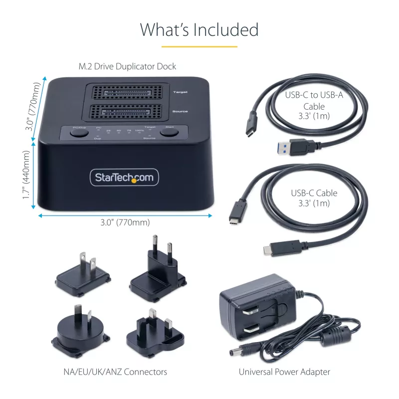 StarTech.com M2-HDD-DUPLICATOR-N1 duplicador y base independiente 1:1 para unidades M.2 NVMe (PCIe), hasta 90 GB/min, USB-C 20 Gbps, de dos bahías, compatible con TAA
