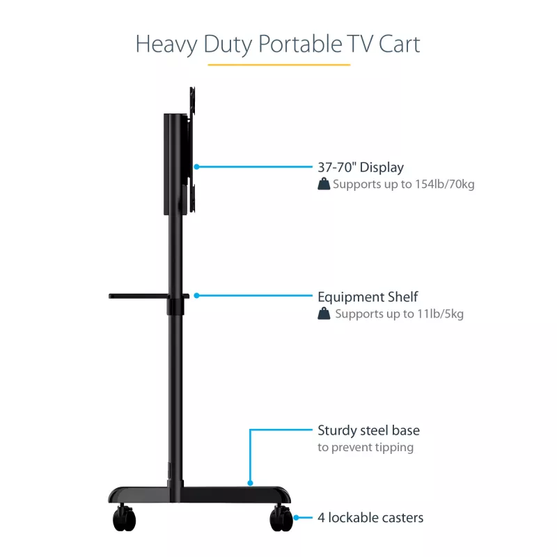 StarTech.com MBLTVSTNDEC carro móvil para TV para pantallas VESA de 37-70 pulgadas (70 kg), con estante y compartimento de almacenamiento, giratorio/inclinable, negro