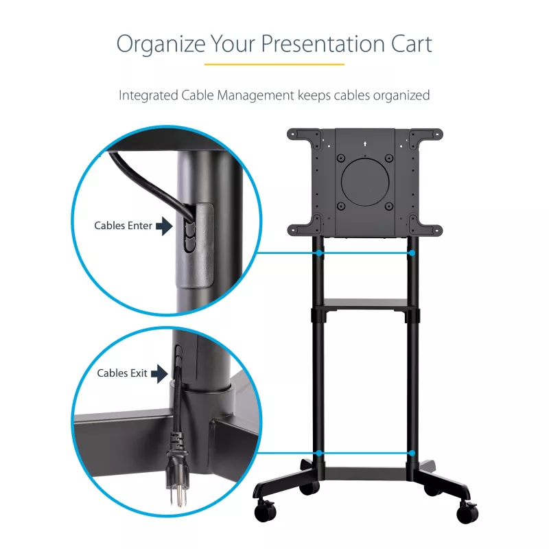 StarTech.com MBLTVSTNDEC carro móvil para TV para pantallas VESA de 37-70 pulgadas (70 kg), con estante y compartimento de almacenamiento, giratorio/inclinable, negro