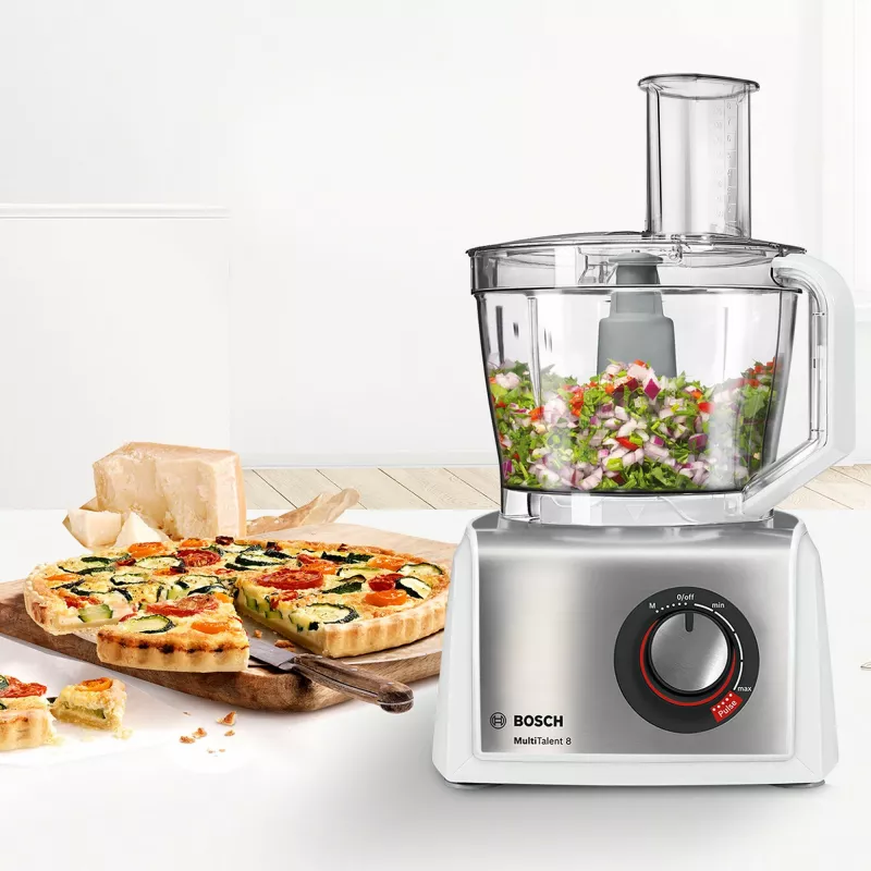 Robot de cocina Bosch MC812S814, 1250 W, bol de 3,9 l, acero inoxidable/blanco, velocidad continua, mando giratorio