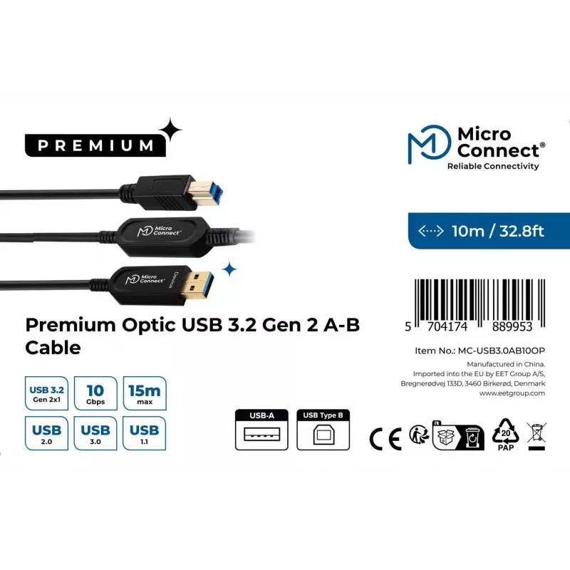 Microconnect MC-USB3.0AB10OP Cable USB USB 3.2 Gen 2 (3.1 Gen 2) 10 m USB A USB B negro
