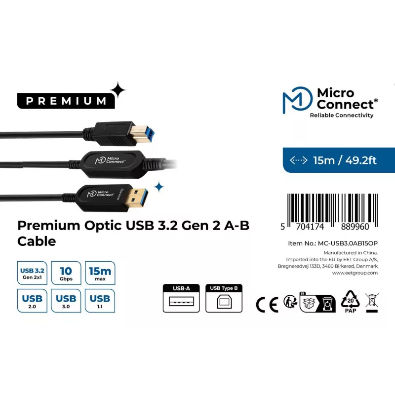Microconnect MC-USB3.0AB15OP Cable USB USB 3.2 Gen 2 (3.1 Gen 2) 15 m USB A USB B negro