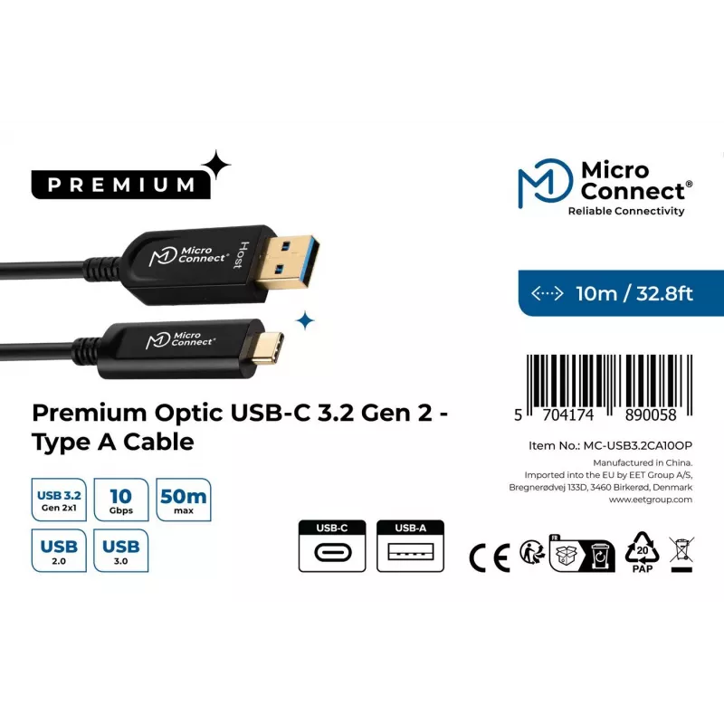 Microconnect MC-USB3.2CA10OP Cable USB USB 3.2 Gen 2 (3.1 Gen 2) 10 m USB-A USB-C negro