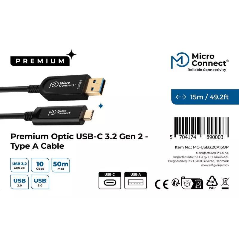 Microconnect MC-USB3.2CA15OP Cable USB USB 3.2 Gen 2 (3.1 Gen 2) 15 m USB A USB C negro