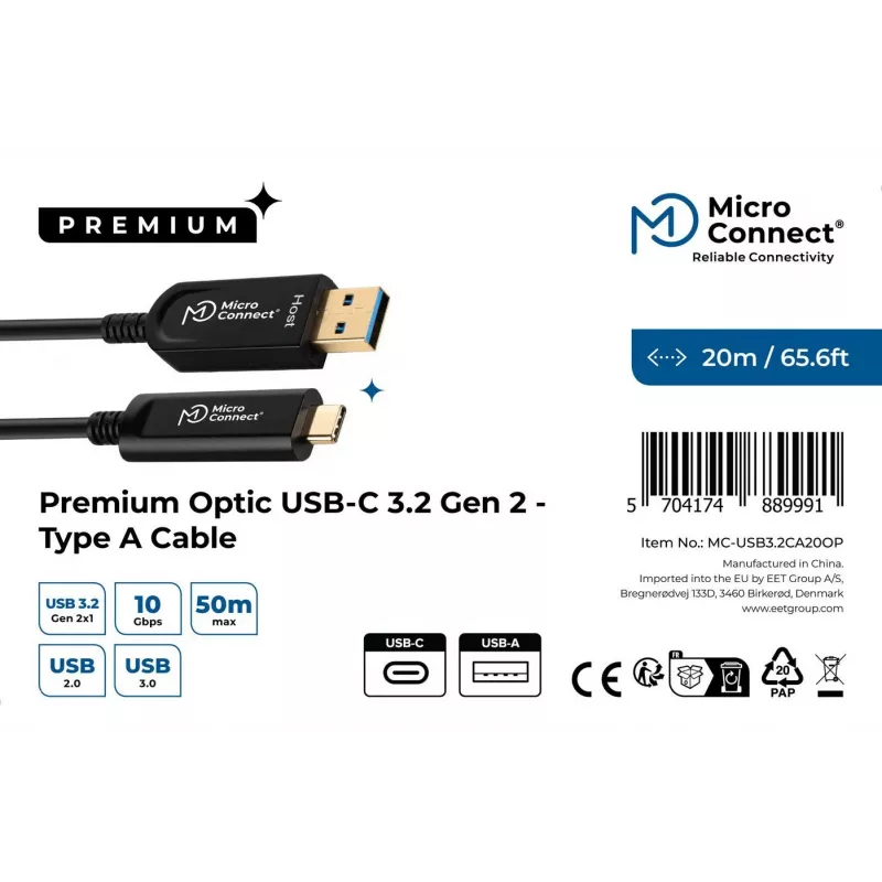Microconnect MC-USB3.2CA20OP Cable USB USB 3.2 Gen 2 (3.1 Gen 2) 20 m USB A USB C negro