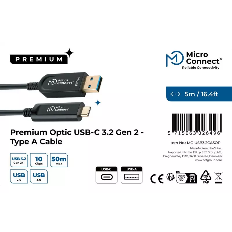 Microconnect MC-USB3.2CA5OP Cable USB USB 3.2 Gen 2 (3.1 Gen 2) 5 m USB A USB C negro