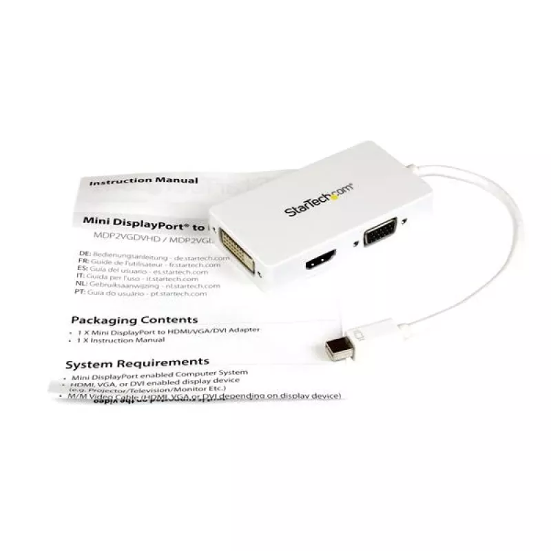 StarTech.com Adaptador A/V de viaje: convertidor 3 en 1 de Mini DisplayPort a VGA, DVI o HDMI - Blanco
