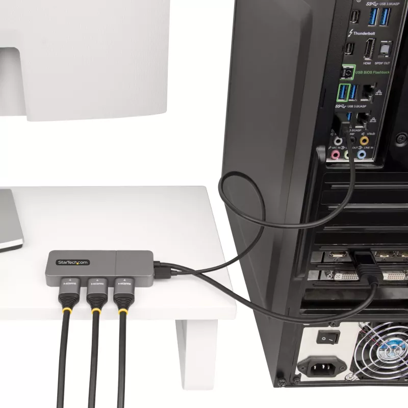StarTech.com hub MST de 3 puertos - DisplayPort a 3x HDMI, triple monitor 4K 60Hz, adaptador de vídeo multimonitor DP 1.4, cable integrado de 30cm, alimentado por USB, solo Windows