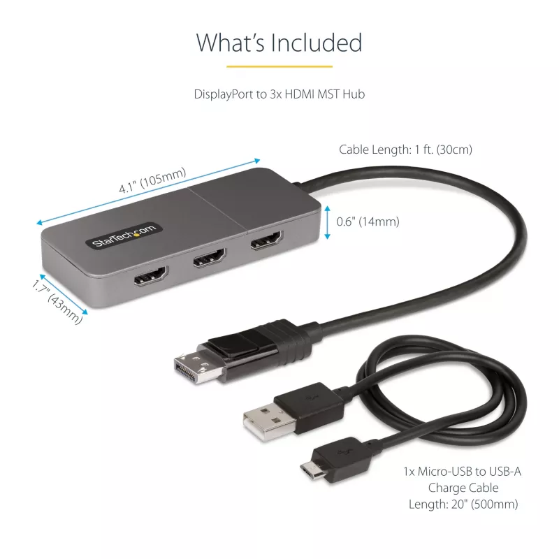 StarTech.com hub MST de 3 puertos - DisplayPort a 3x HDMI, triple monitor 4K 60Hz, adaptador de vídeo multimonitor DP 1.4, cable integrado de 30cm, alimentado por USB, solo Windows