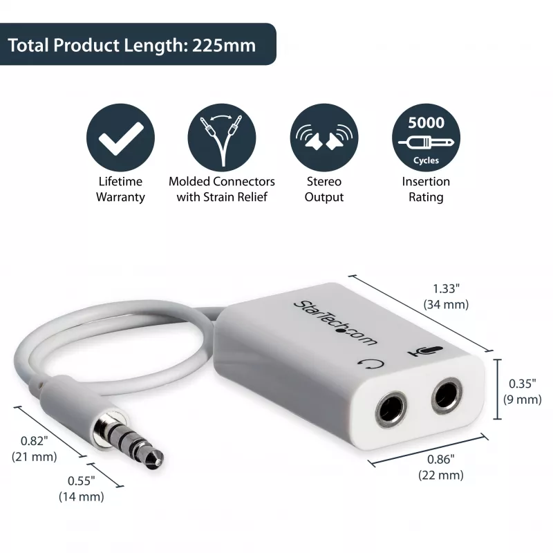 StarTech.com adaptador blanco para auriculares con conectores separados de auriculares/micrófono – 3,5 mm 4 polos a 2x 3 polos 3,5 mm M/H