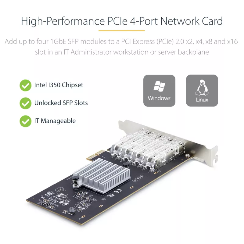 Tarjeta de red StarTech.com 4 puertos GbE SFP, PCIe 2.0 x2 (compatible con x4, x8, x16), controlador Intel I350-AM4 4x 1GbE, 1000BASE cobre/fibra, NIC Gigabit Ethernet de cuatro puertos para sobremesa/servidor - Windows y Linux
