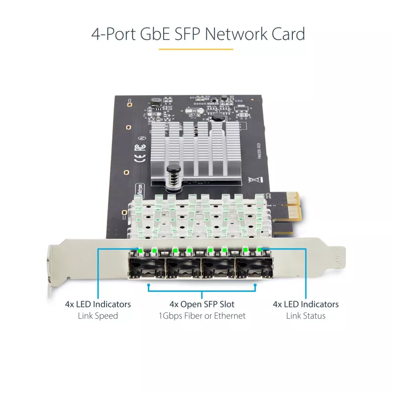 Tarjeta de red StarTech.com 4 puertos GbE SFP, PCIe 2.0 x2 (compatible con x4, x8, x16), controlador Intel I350-AM4 4x 1GbE, 1000BASE cobre/fibra, NIC Gigabit Ethernet de cuatro puertos para sobremesa/servidor - Windows y Linux