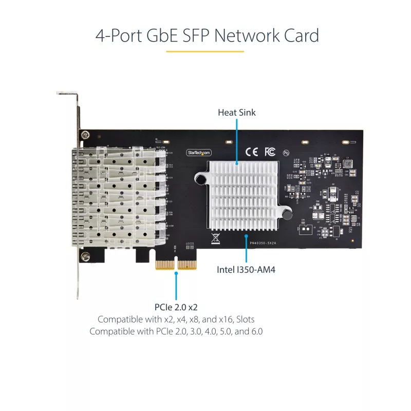 Tarjeta de red StarTech.com 4 puertos GbE SFP, PCIe 2.0 x2 (compatible con x4, x8, x16), controlador Intel I350-AM4 4x 1GbE, 1000BASE cobre/fibra, NIC Gigabit Ethernet de cuatro puertos para sobremesa/servidor - Windows y Linux