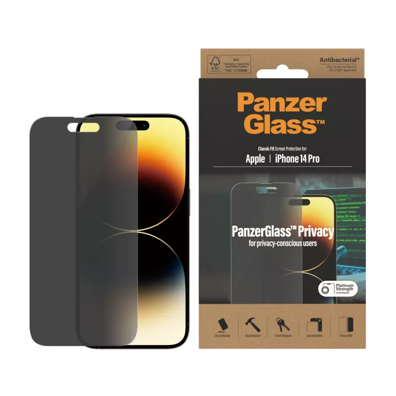 Protector de pantalla de privacidad PanzerGlass Apple iPhone 14 Pro resistente a arañazos y golpes