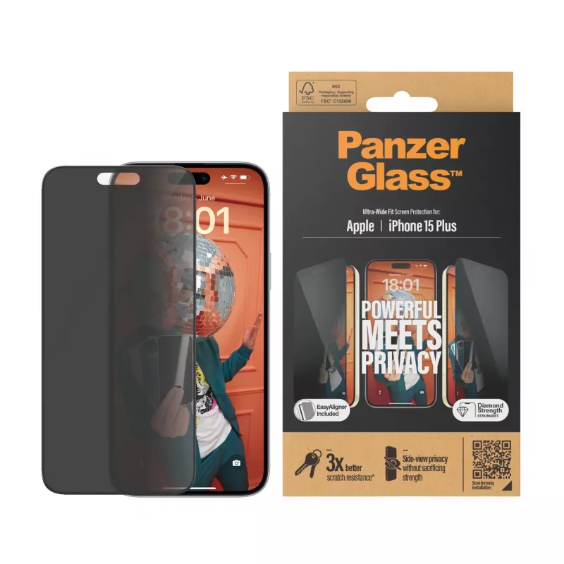 PanzerGlass ® Protector de pantalla de privacidad iPhone 15 Plus | Ultra-Wide Fit con EasyAligner