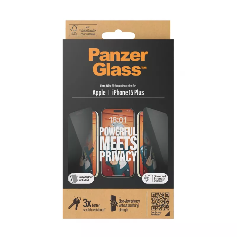 PanzerGlass ® Protector de pantalla de privacidad iPhone 15 Plus | Ultra-Wide Fit con EasyAligner