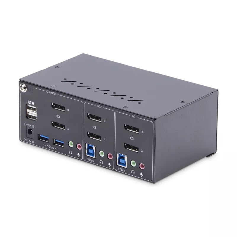 StarTech.com Conmutador KVM DisplayPort de 2 puertos para doble monitor, 4K 60Hz, 2 puertos hub USB 5Gbps, 2 puertos USB 2.0 HID, conmutación por tecla de acceso rápido y botón, conforme a TAA – Nivel de protección ESD 3