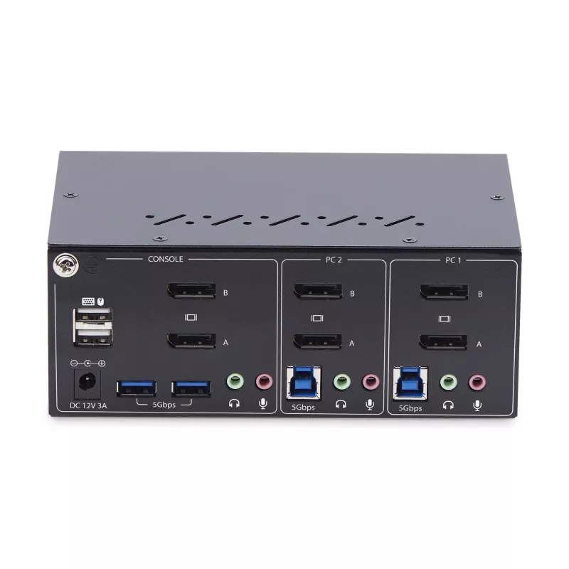 StarTech.com Conmutador KVM DisplayPort de 2 puertos para doble monitor, 4K 60Hz, 2 puertos hub USB 5Gbps, 2 puertos USB 2.0 HID, conmutación por tecla de acceso rápido y botón, conforme a TAA – Nivel de protección ESD 3