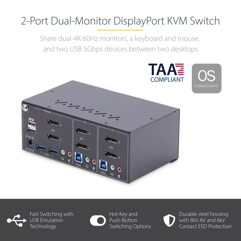 StarTech.com Conmutador KVM DisplayPort de 2 puertos para doble monitor, 4K 60Hz, 2 puertos hub USB 5Gbps, 2 puertos USB 2.0 HID, conmutación por tecla de acceso rápido y botón, conforme a TAA – Nivel de protección ESD 3