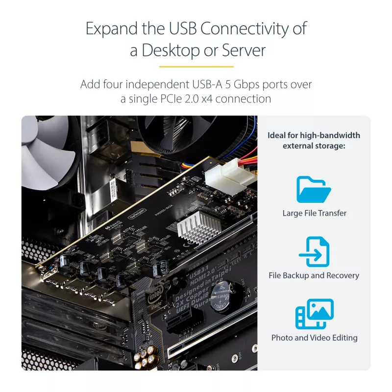 StarTech.com Tarjeta USB PCIe de 4 puertos, USB 3.2 5 Gbit/s, tarjeta de expansión PCI Express con 4 controladores USB independientes, 4 puertos USB-A, Windows/macOS/Linux