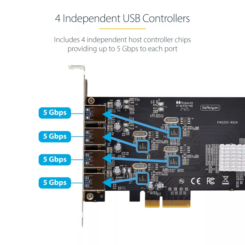 StarTech.com Tarjeta USB PCIe de 4 puertos, USB 3.2 5 Gbit/s, tarjeta de expansión PCI Express con 4 controladores USB independientes, 4 puertos USB-A, Windows/macOS/Linux
