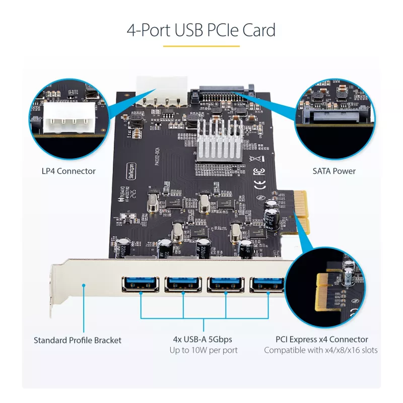 StarTech.com Tarjeta USB PCIe de 4 puertos, USB 3.2 5 Gbit/s, tarjeta de expansión PCI Express con 4 controladores USB independientes, 4 puertos USB-A, Windows/macOS/Linux