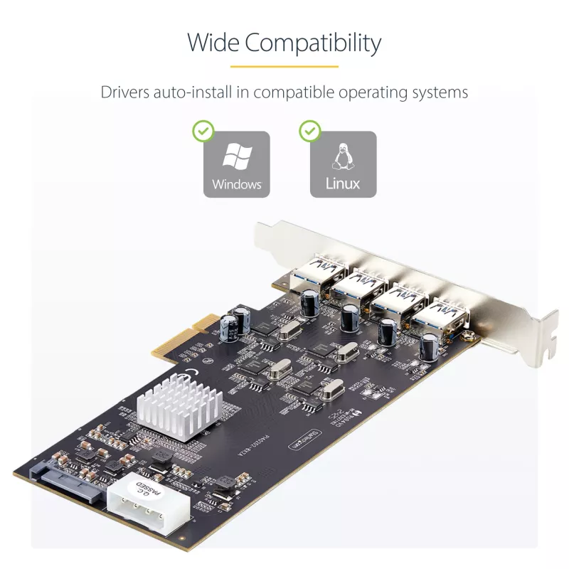 StarTech.com Tarjeta USB PCIe de 4 puertos, USB 3.2 5 Gbit/s, tarjeta de expansión PCI Express con 4 controladores USB independientes, 4 puertos USB-A, Windows/macOS/Linux