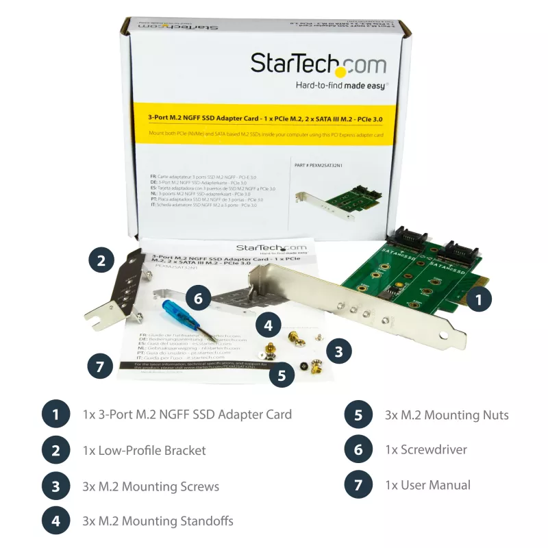 StarTech.com Tarjeta adaptadora 3 puertos M.2 SSD (NGFF) – 1 x PCIe (NVMe) M.2, 2 x SATA III M.2 – PCIe 3.0